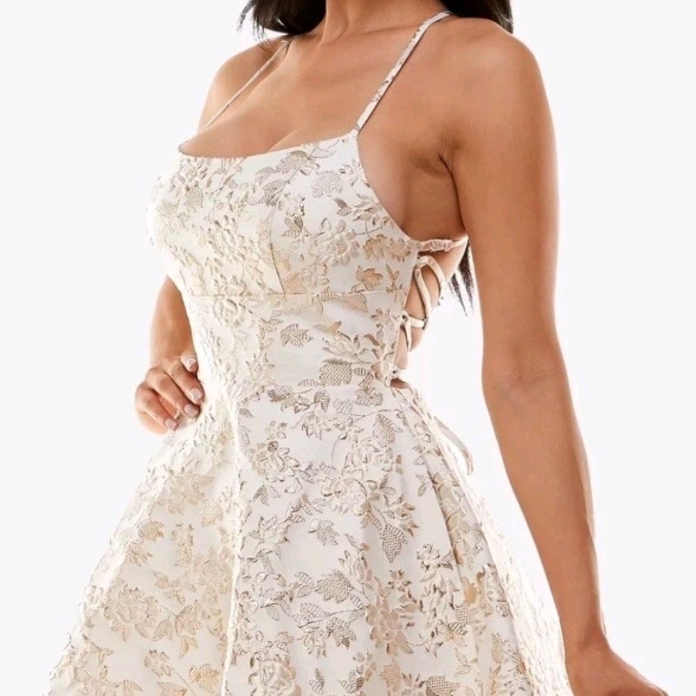 B Darlin Ivory Floral Lace Backless Dress